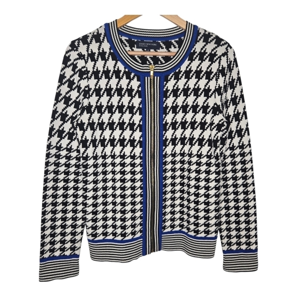 Jones New York Cotton Modal Signature Houndstooth Knit Full Zip Cardigan Small
